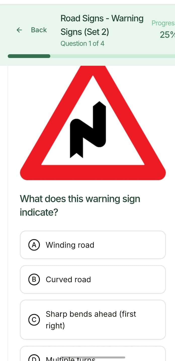 Warning Signs quiz screen in the 7Days2Drive learning app